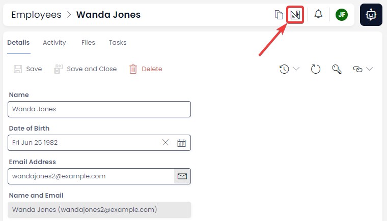 A screenshot demonstrating how to view an item page in Designer. The screenshot shows an example item on an Employees table. The item is named &quot;Wanda Jones&quot;, who is a fictional employee. The screenshot is annotated with a red box and a red arrow, which highlight the location of the Designer button. The designer button is button that resembles a Ruler and a Set Square.